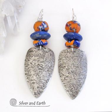 Sterling Silver Tribal Shield Earrings with Lapis & Colorful African Glass Beads