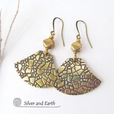 Textured Gold Brass Dangle Earrings - Artisan Handmade Metal Jewelry