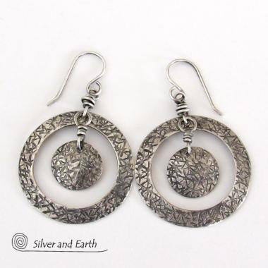 Textured Sterling Silver Hoop Dangle Earrings - Contemporary Modern Jewelry