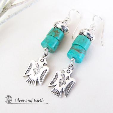 Silver Thunderbird Earrings with Natural Turquoise Stones - Southwestern Jewelry