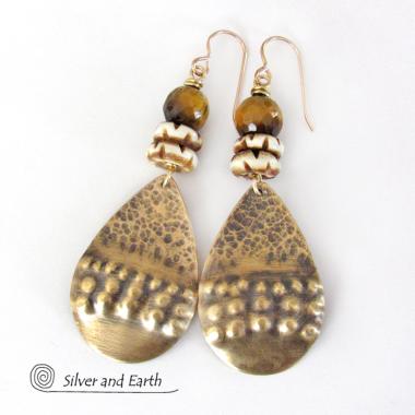 Brass Tribal Earrings with Brown Tiger's Eye Gemstones and African Carved Bone