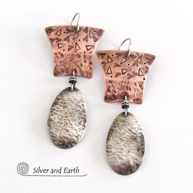 Sterling Silver & Copper Mixed Metal Earrings - Modern Contemporary Jewelry