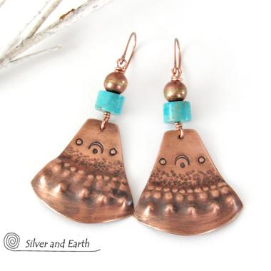 Copper & Turquoise Bohemian Earrings - Unique Boho Tribal Jewelry