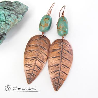 Copper Feather Earrings with Turquoise - Modern Southwestern Jewelry