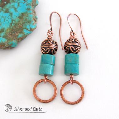 Round Hammered Copper Dangle Earrings with Turquoise Stones & Filigree Beads
