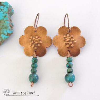 Copper Flower Earrings with Dangling Turquoise - Earthy Nature Jewelry