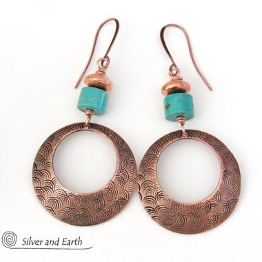 Textured Round Copper Hoop Dangle Earrings with Turquoise Stones