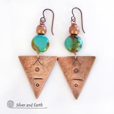 Copper Triangle Earrings with Natural Turquoise Stones - Modern Tribal Jewelry