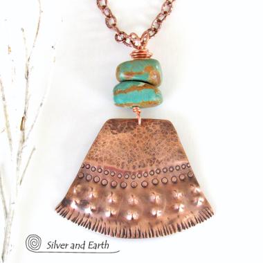 Natural Turquoise & Copper Necklace - Bold Exotic Boho Tribal Jewelry