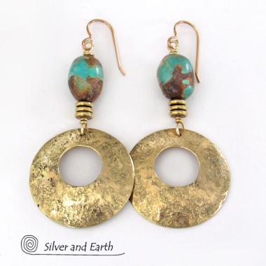 Gold Brass Hoop Earrings with Turquoise Stones - Modern Chic Jewelry