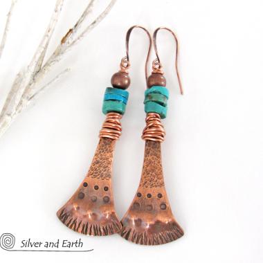 Textured Copper Earrings with Natural Turquoise - Boho Southwestern Jewelry