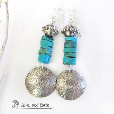 Round Sterling Silver Dangle Earrings with Natural Turquoise Heishi Stones