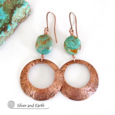 Modern Rustic Copper Hoop Dangle Earrings with Natural Turquoise Nuggets