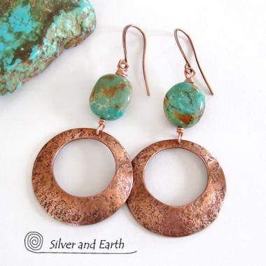 Modern Rustic Copper Hoop Dangle Earrings with Natural Turquoise Nuggets