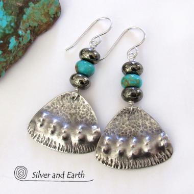 Sterling Silver Earrings with Turquoise & Pyrite - Tribal Southwest Jewelry