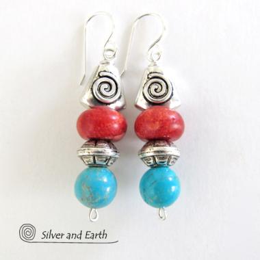 Turquoise & Coral Earrings with Spiral Pewter Beads - Southwestern Jewelry