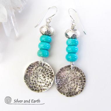 Sterling Silver Dangle Earrings with Turquoise Stones - Modern Southwest Jewelry