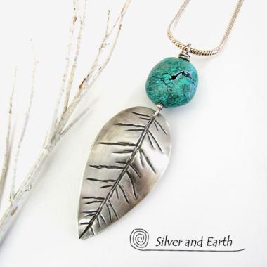 Sterling Silver Feather Necklace with Turquoise - Modern Southwestern Jewelry