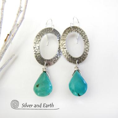 Sterling Silver Oval Hoop Dangle Earrings with Natural Turquoise Stones