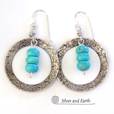 Sterling Silver Hoop Earrings with Turquoise Stones - Modern Silver Jewelry