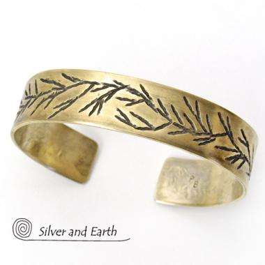 Gold Brass Cuff Bracelet with Twig Design - Modern Earthy Nature Jewelry