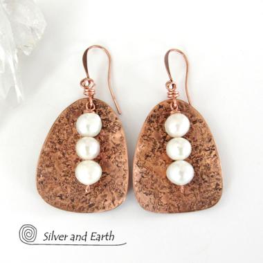 Copper Earrings with Dangling White Pearls - 7th Wedding Copper Anniversary Gift