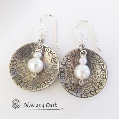 Small Sterling Silver Earrings with Dangling White Pearl - Modern Silver Jewelry