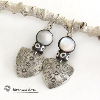 Sterling Silver Tribal Shield Earrings with Black Lip Mother-of-Pearl and African Batik Bone Beads