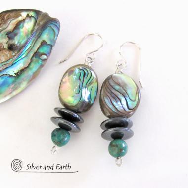 Abalone and Turquoise Beaded Dangle Earrings with Hematite Stones - Natural Abalone Shell Jewelry