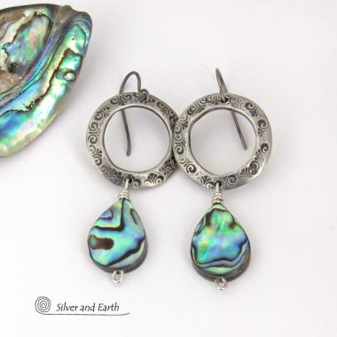 Blue Abalone Shell Silver Pewter Hoop Earrings - Natural Paua Shell Jewelry