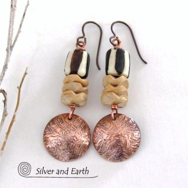Hammered Copper Dangle Earrings with African Batik Bone Beads - Boho Tribal African Style Fashion Jewelry