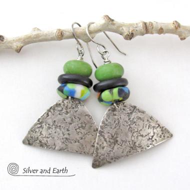 Sterling Silver Earrings with Green Serpentine Stones & Colorful African Glass Beads