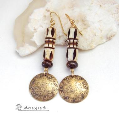 Hand Stamped Gold Brass Earrings with African Carved Bone & Brown Bronzite Stones - Bohemian Ethnic Tribal Style Jewelry
