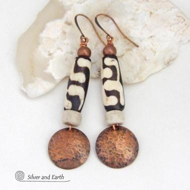 Long Hammered Copper Earrings with African Batik Bone Beads - Afrocentric Boho Ethnic Tribal Artisan Jewelry