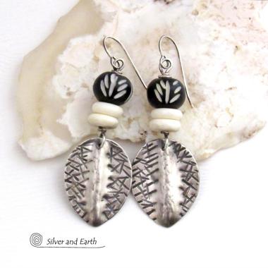 Sterling Silver Earrings with African Black White Carved Bone Beads - Unique Ethnic Tribal Artisan Handcrafted Jewelry