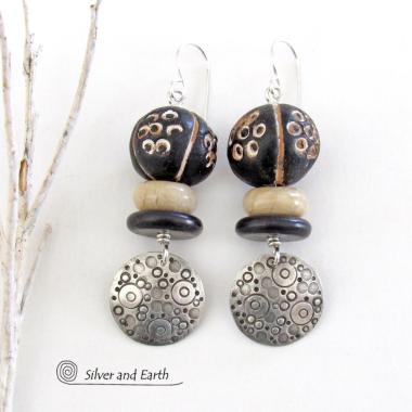 Sterling Silver Circle Earrings with Hand Stamped Texture & African Clay Beads - Unique Funky Artsy Ethnic Jewelry