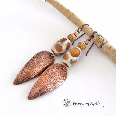 African Tribal Copper Earrings with Etched Agate Stones - African Style Jewelry