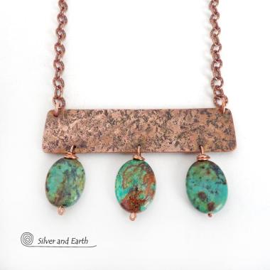 Gorgeous African turquoise stones were combined with handcrafted copper to create this bold statement necklace. I created the neck piece out of solid copper sheet and hammered the metal to create a rich, organic texture. The stones have beautiful hues of green, blue, brown, black and rust which contrast beautifully against the warm glow of the metal. The neck piece hangs from a solid copper chain with an intricate stamped design and is finished off with a sturdy, *easy-to-fasten* hook & eye closure.