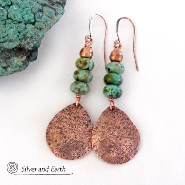 Hammered Copper Teardrop Dangle Earrings with African Turquoise Stones