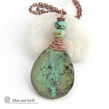 Natural African Turquoise Stone Pendant Necklace Wire Wrapped in Copper 