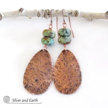 Copper Teardrop Dangle Earrings with African Turquoise Jasper Stones - 7th Anniversary Gifts for Women