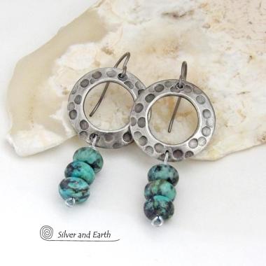 Rustic Textured Silver Pewter Hoop Earrings with African Turquoise Stones - Modern Earthy Organic Natural Gemstone Jewelry