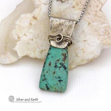 African Turquoise Sterling Silver Necklace - Small Petite Natural Gemstone Pendant Necklace