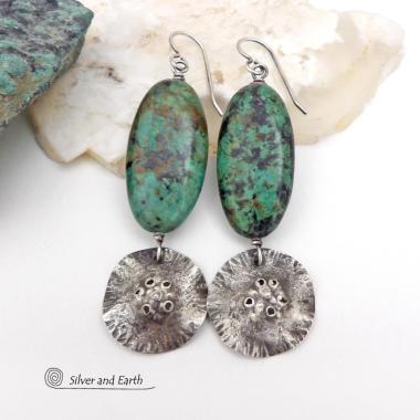 Long African Turquoise Stone Earrings with Rustic Hammered Sterling Silver Dangles