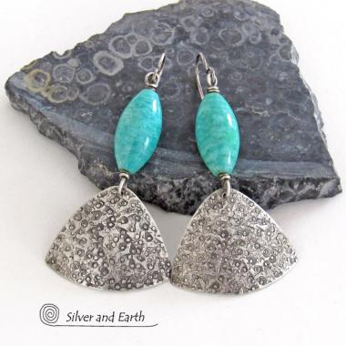 Blue Green Amazonite Gemstone Earrings with Hand Stamped Sterling Silver Dangles