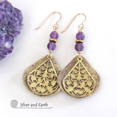 Purple Amethyst Gold Brass Dangle Earrings with Filigree Charms - February Birthstone Jewelry Gifts for Women