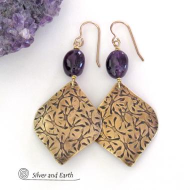 Purple Amethyst and Gold Brass Earrings - February Birthstone Jewelry Gifts for Women