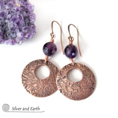 Copper Hoop Earrings with Faceted Purple Amethyst Gemstones - February Birthstone Jewelry - 6th or 7th Anniversary Gift for Wife