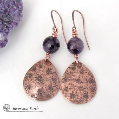 Copper Teardrop Earrings with Purple Amethyst Gemstones - February Birthstone Jewelry - 6th or 7th Anniversary Gift for Wife