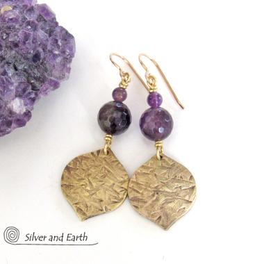 Purple Amethyst Gemstone Earrings with Gold Brass Dangles - Chic Modern February Birthstone Jewelry